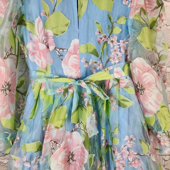 Handmade OOAK Floral Iridescent Ruffle Midi Dress Sheer Sleeve Coquette XS - Picture 9 of 16